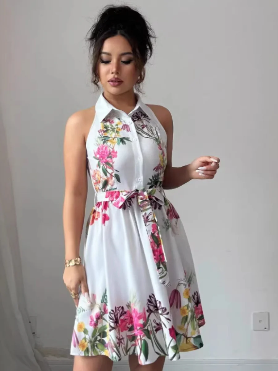 Sleeveless Halter Neck Floral Print Tie-up Short Dress - Image 3