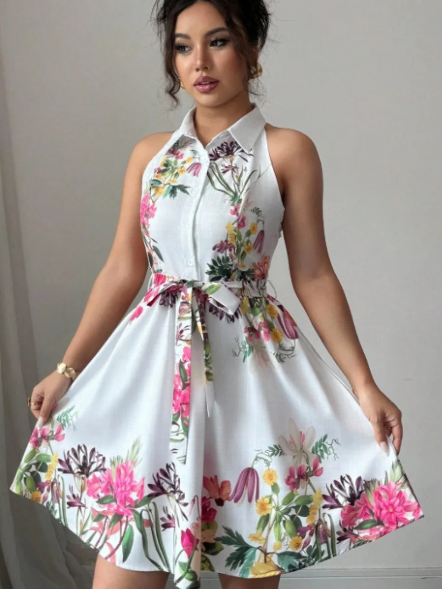 Sleeveless Halter Neck Floral Print Tie-up Short Dress - Image 4