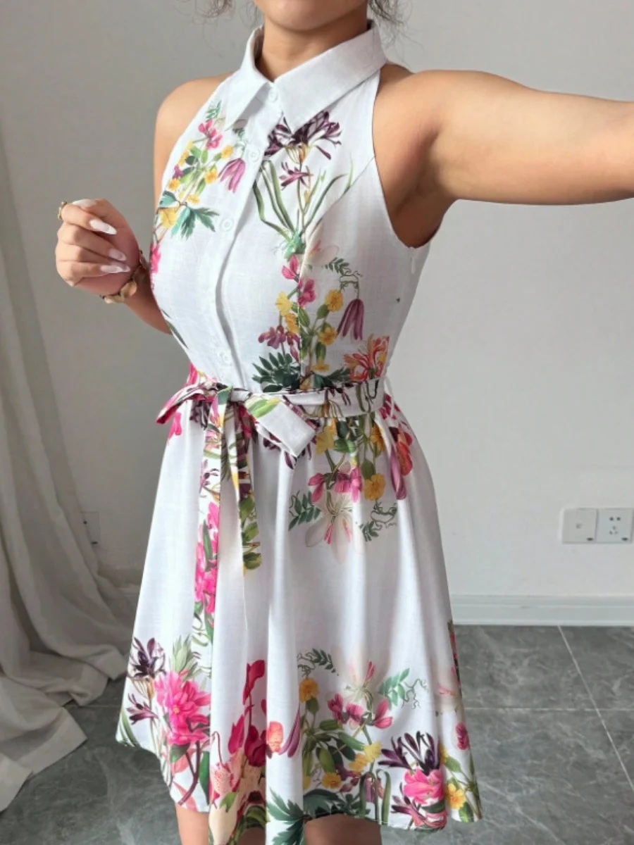 Sleeveless Halter Neck Floral Print Tie-up Short Dress - Image 5