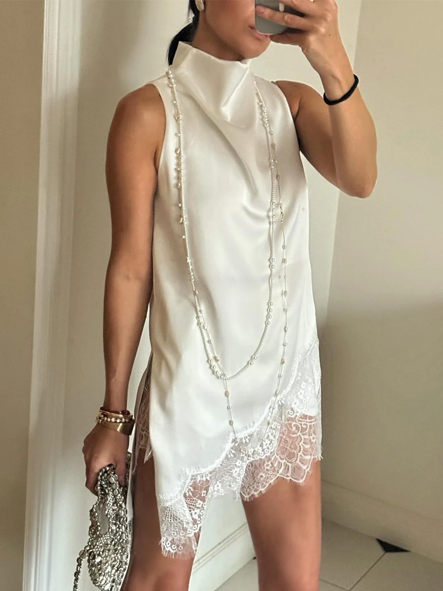 Irregular Satin Sleeveless Lace Splicing Jacket Mini&Short Dresses - Image 2