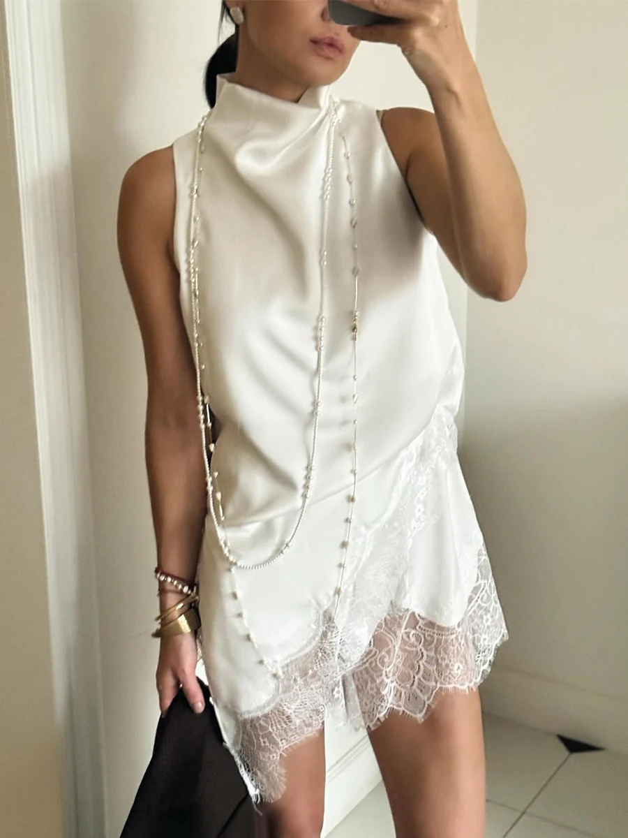 Irregular Satin Sleeveless Lace Splicing Jacket Mini&Short Dresses - Image 4