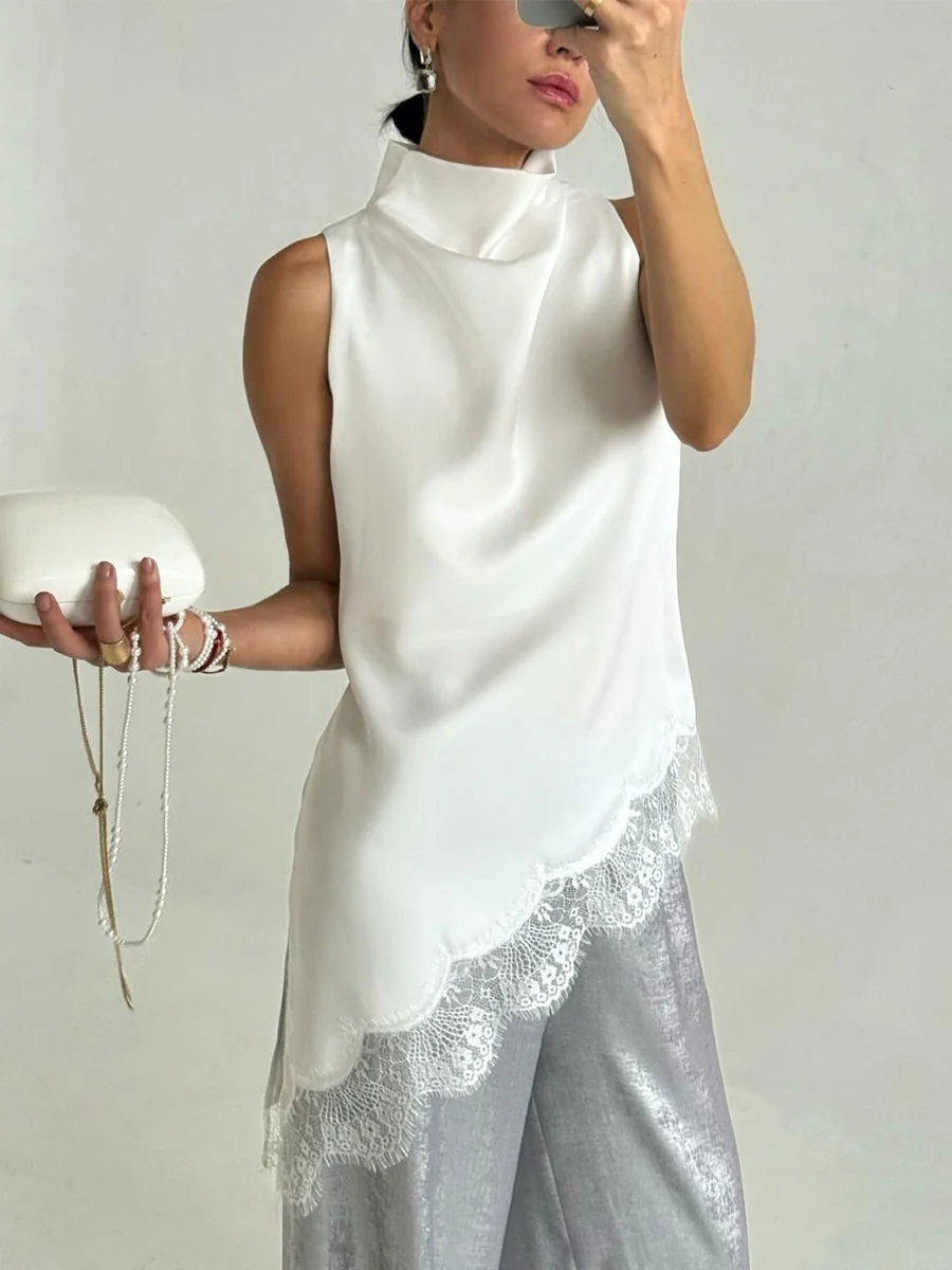 Irregular Satin Sleeveless Lace Splicing Jacket Mini&Short Dresses - Image 5