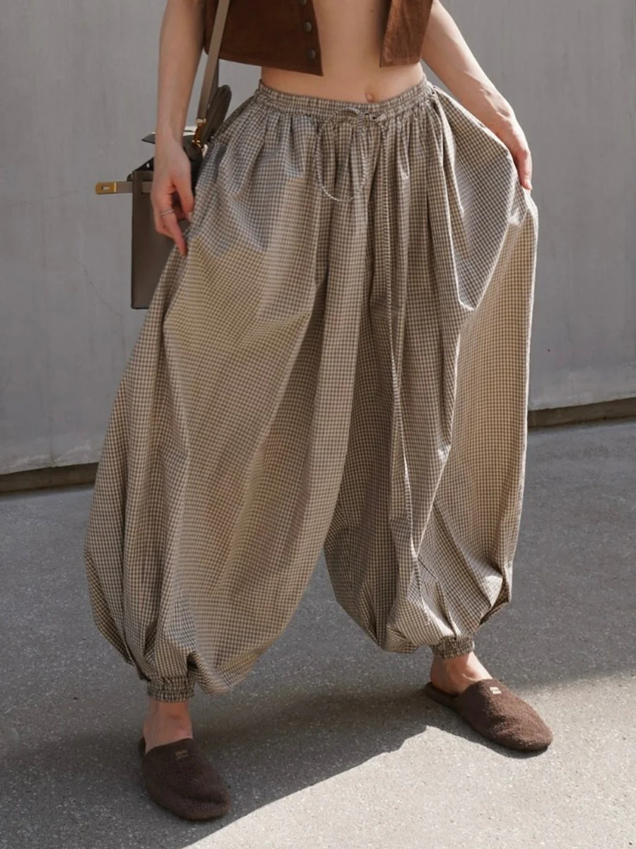 Cotton Blend Lantern Pants Plaid Breathable Leisure Pants