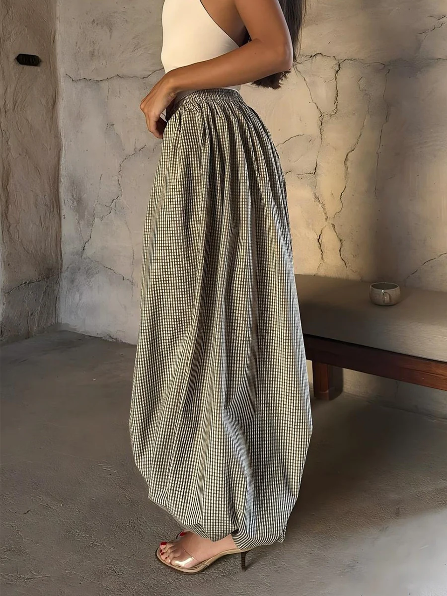 Cotton Blend Lantern Pants Plaid Breathable Leisure Pants - Image 2