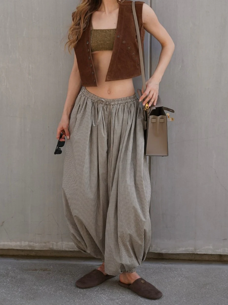 Cotton Blend Lantern Pants Plaid Breathable Leisure Pants - Image 5