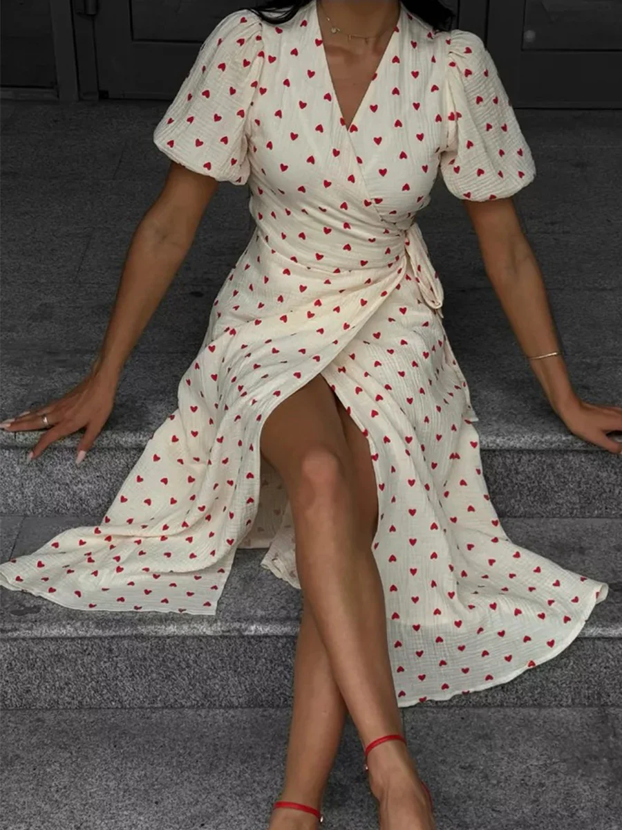Pure Cotton Bandage Wrap-up Puff Sleeve Printed Comfort Maxi Dresses - Image 15