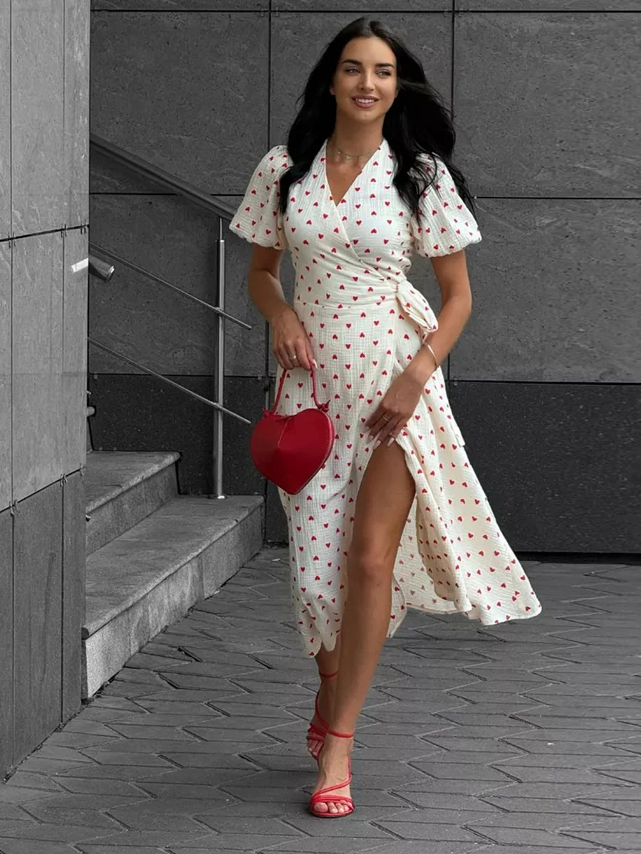 Pure Cotton Bandage Wrap-up Puff Sleeve Printed Comfort Maxi Dresses - Image 24
