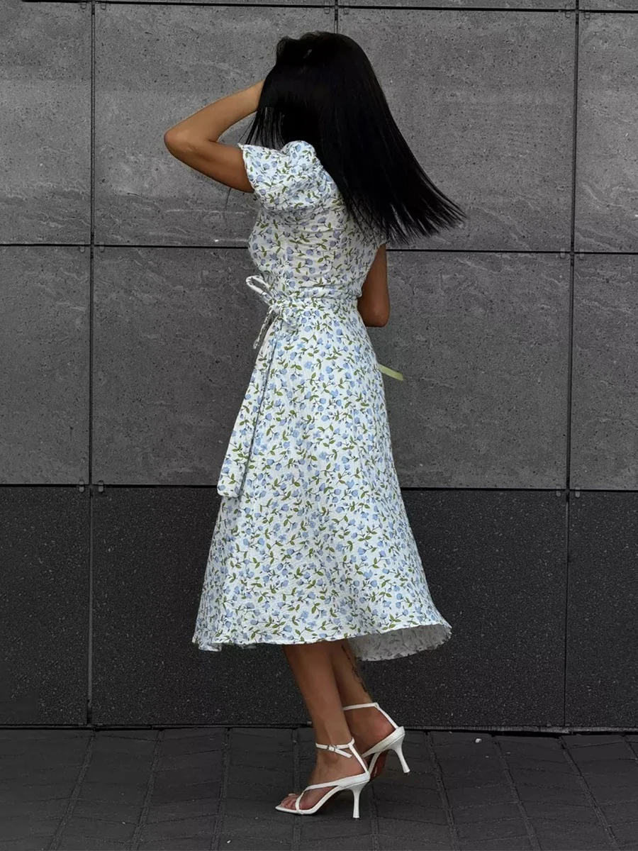 Pure Cotton Bandage Wrap-up Puff Sleeve Printed Comfort Maxi Dresses - Image 3