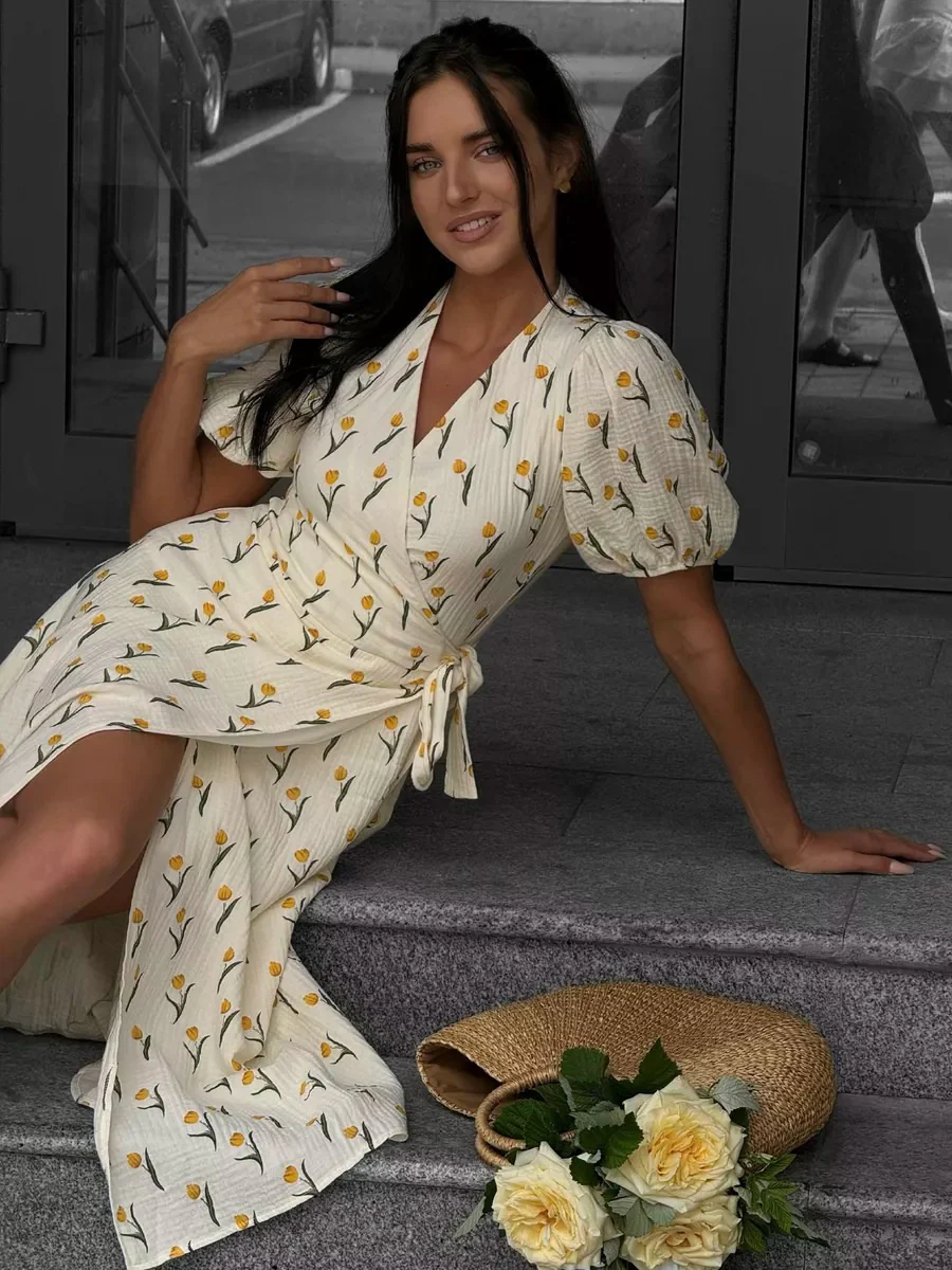 Pure Cotton Bandage Wrap-up Puff Sleeve Printed Comfort Maxi Dresses - Image 37