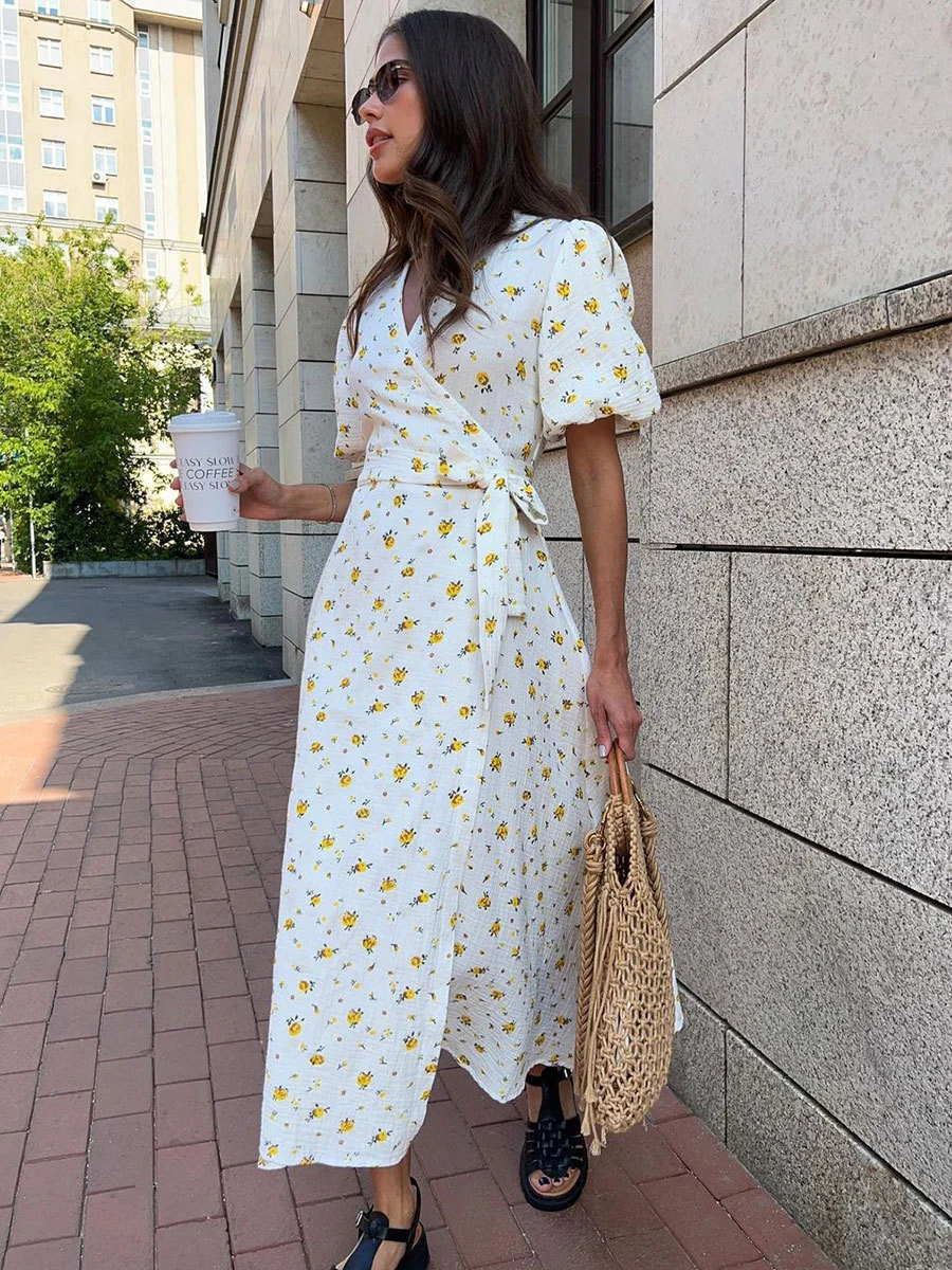 Pure Cotton Bandage Wrap-up Puff Sleeve Printed Comfort Maxi Dresses - Image 62