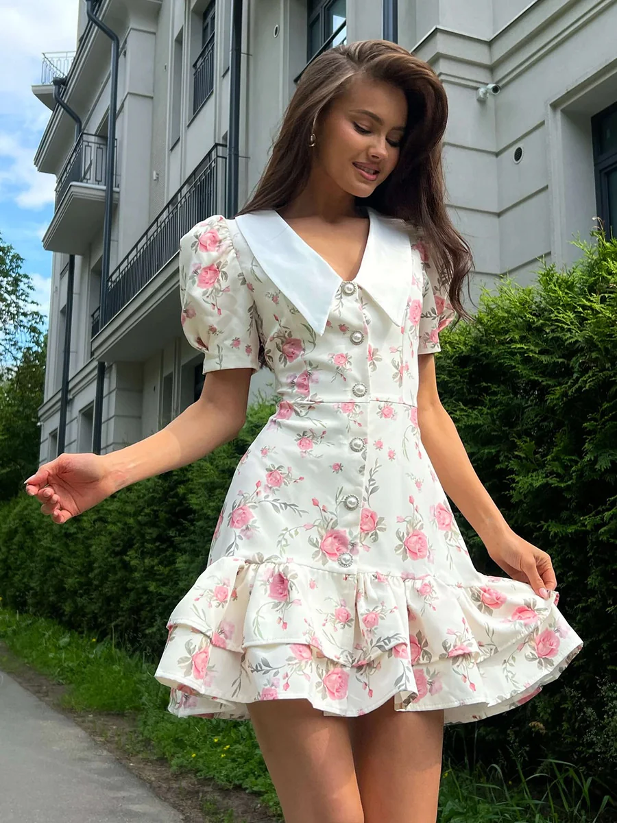 Waist Printed Floral Lapel Puff Sleeve Sweet Mini&Short Dresses - Image 2