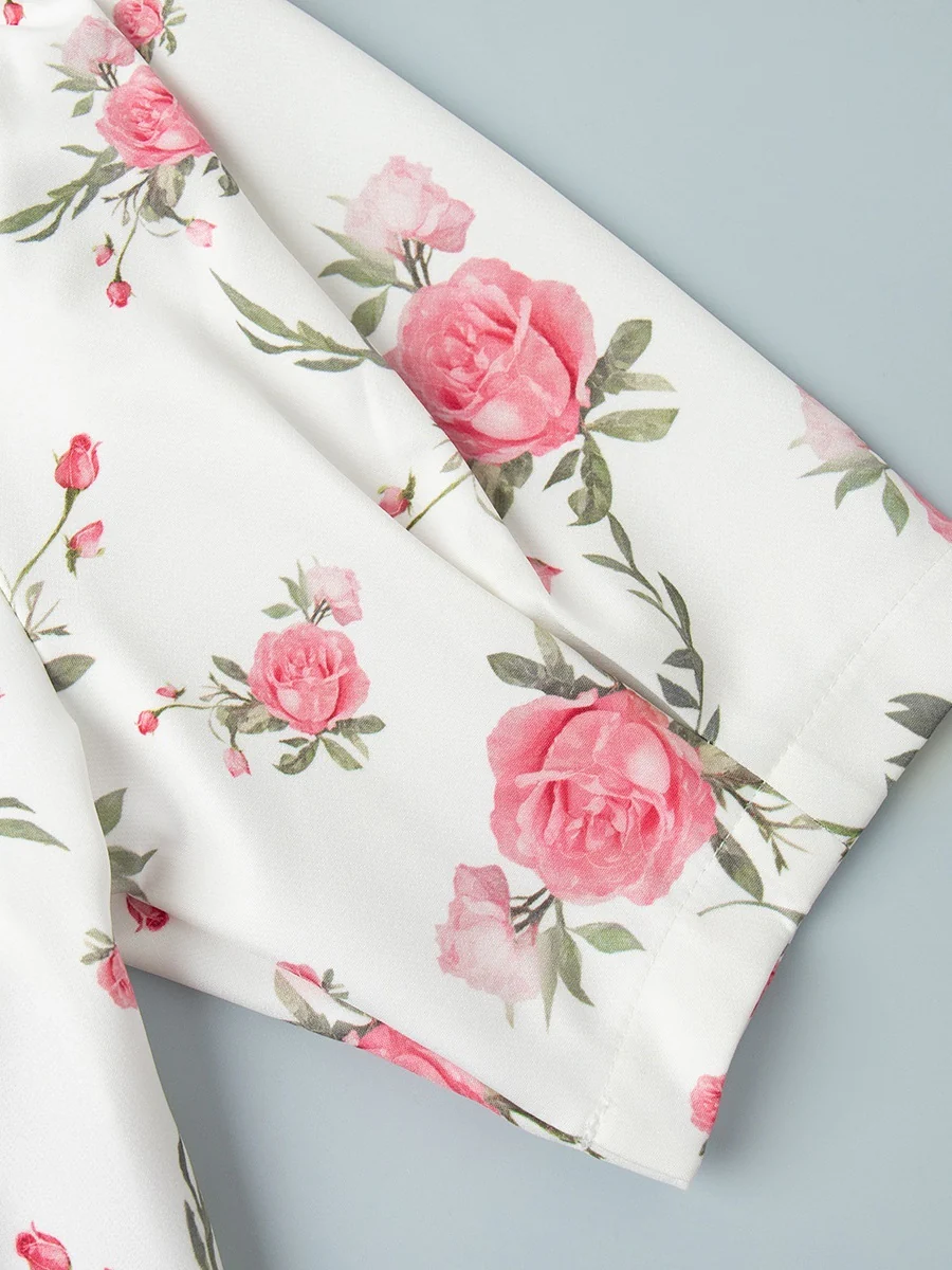 Waist Printed Floral Lapel Puff Sleeve Sweet Mini&Short Dresses - Image 20