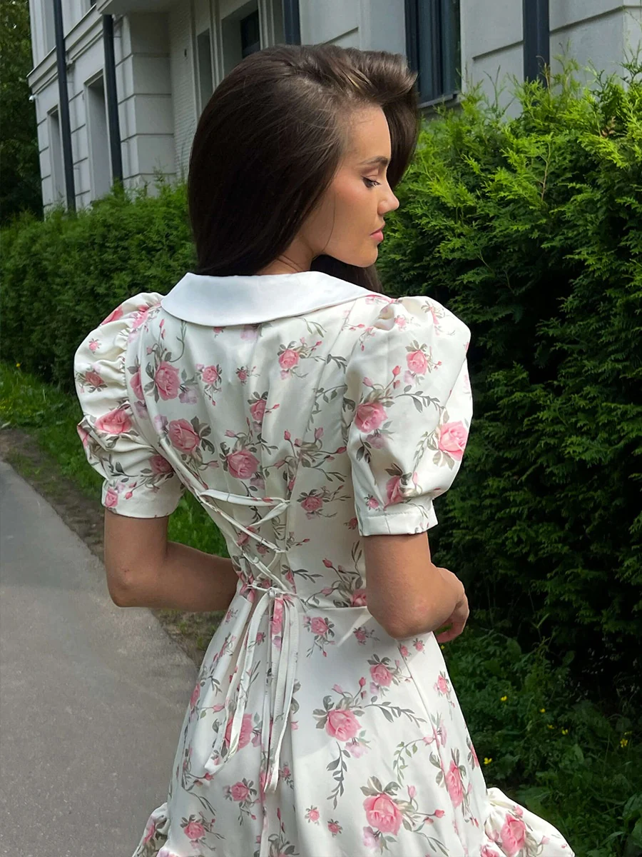 Waist Printed Floral Lapel Puff Sleeve Sweet Mini&Short Dresses - Image 5