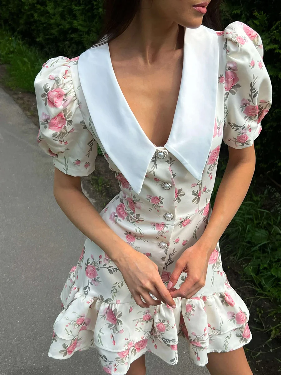 Waist Printed Floral Lapel Puff Sleeve Sweet Mini&Short Dresses - Image 6
