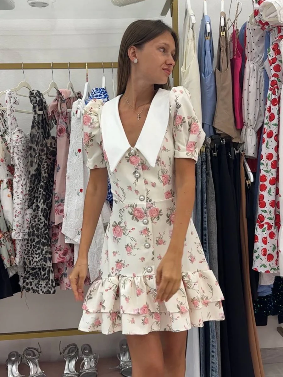 Waist Printed Floral Lapel Puff Sleeve Sweet Mini&Short Dresses - Image 7