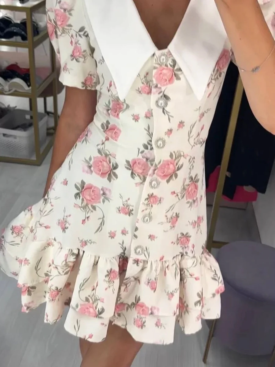 Waist Printed Floral Lapel Puff Sleeve Sweet Mini&Short Dresses - Image 8