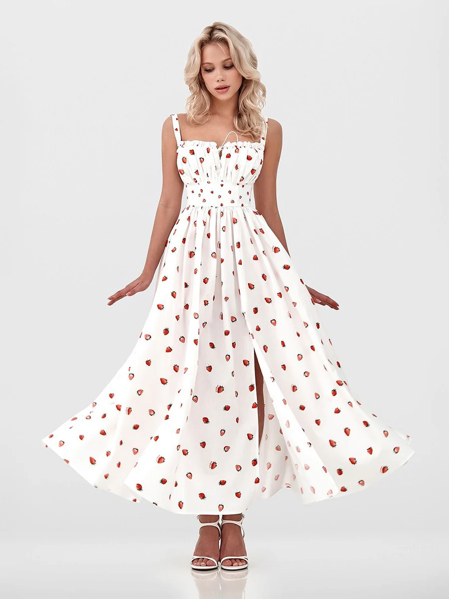 Floral Printed Camisoles High Waist Slit Maxi Dresses