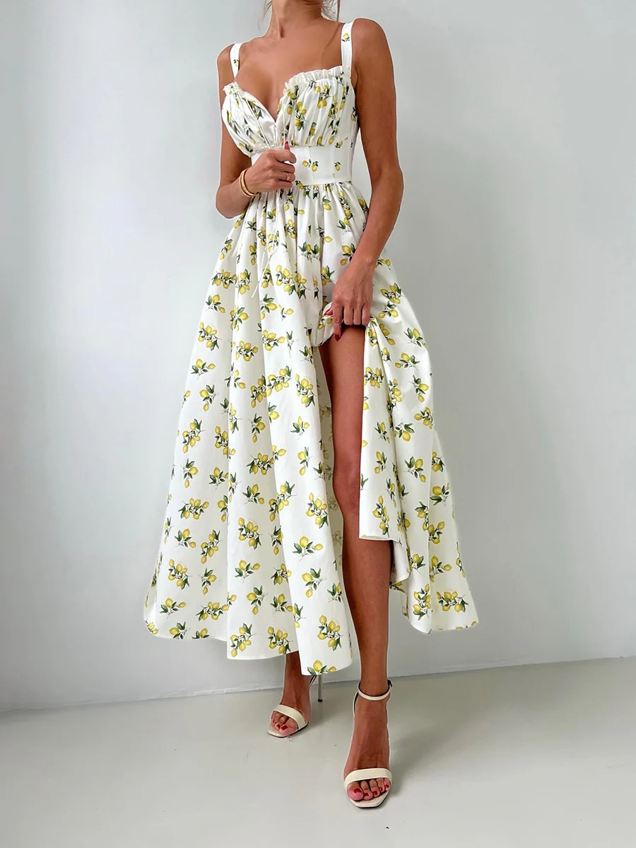 Floral Printed Camisoles High Waist Slit Maxi Dresses - Image 7