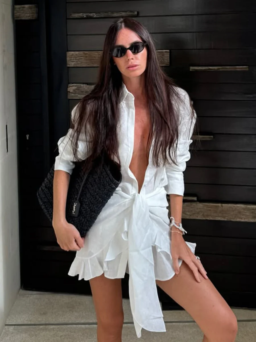 Pure Cotton Lapel Hip-hugging Shirts Mini&Short Dresses
