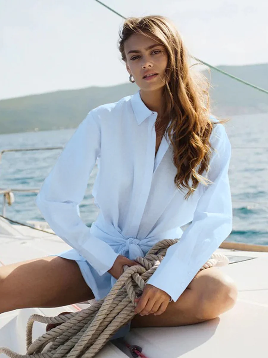 Pure Cotton Lapel Hip-hugging Shirts Mini&Short Dresses - Image 14