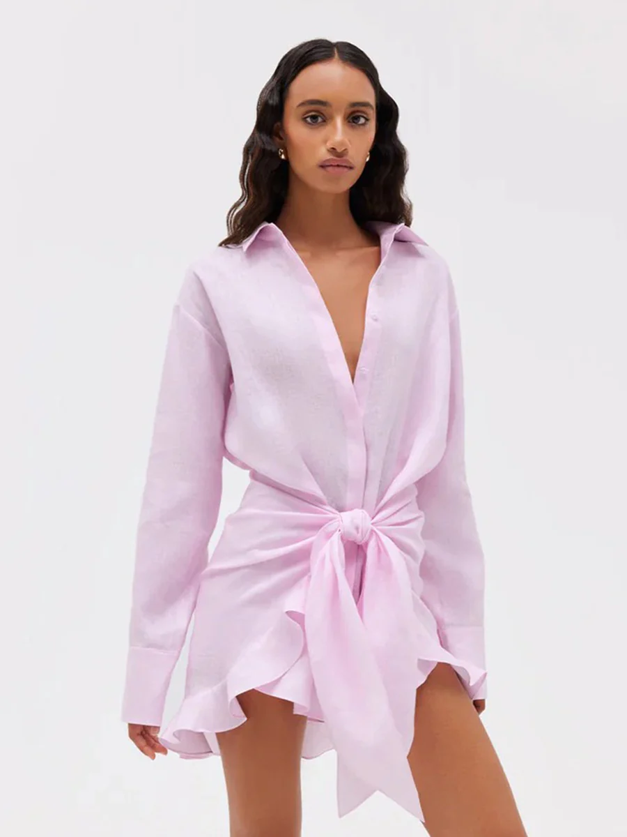 Pure Cotton Lapel Hip-hugging Shirts Mini&Short Dresses - Image 22
