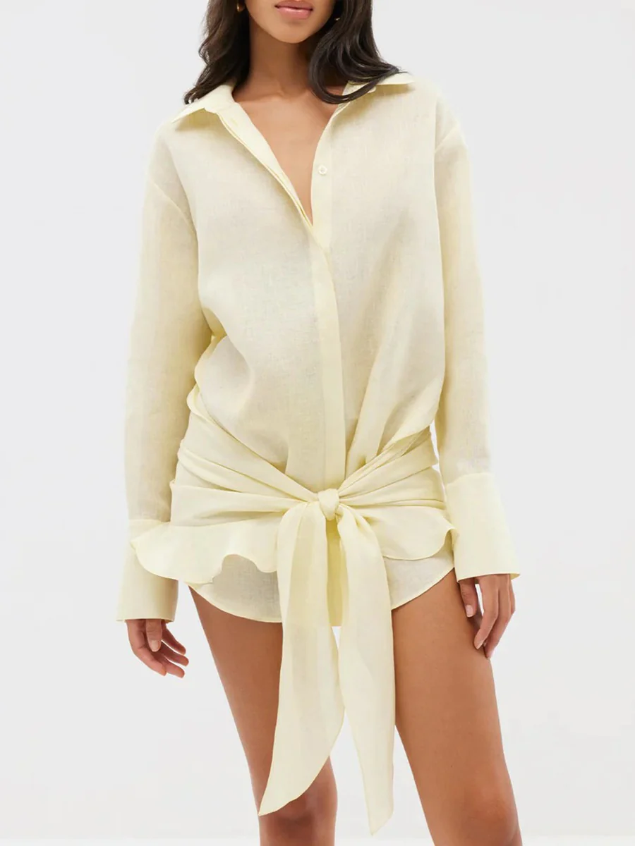 Pure Cotton Lapel Hip-hugging Shirts Mini&Short Dresses - Image 24