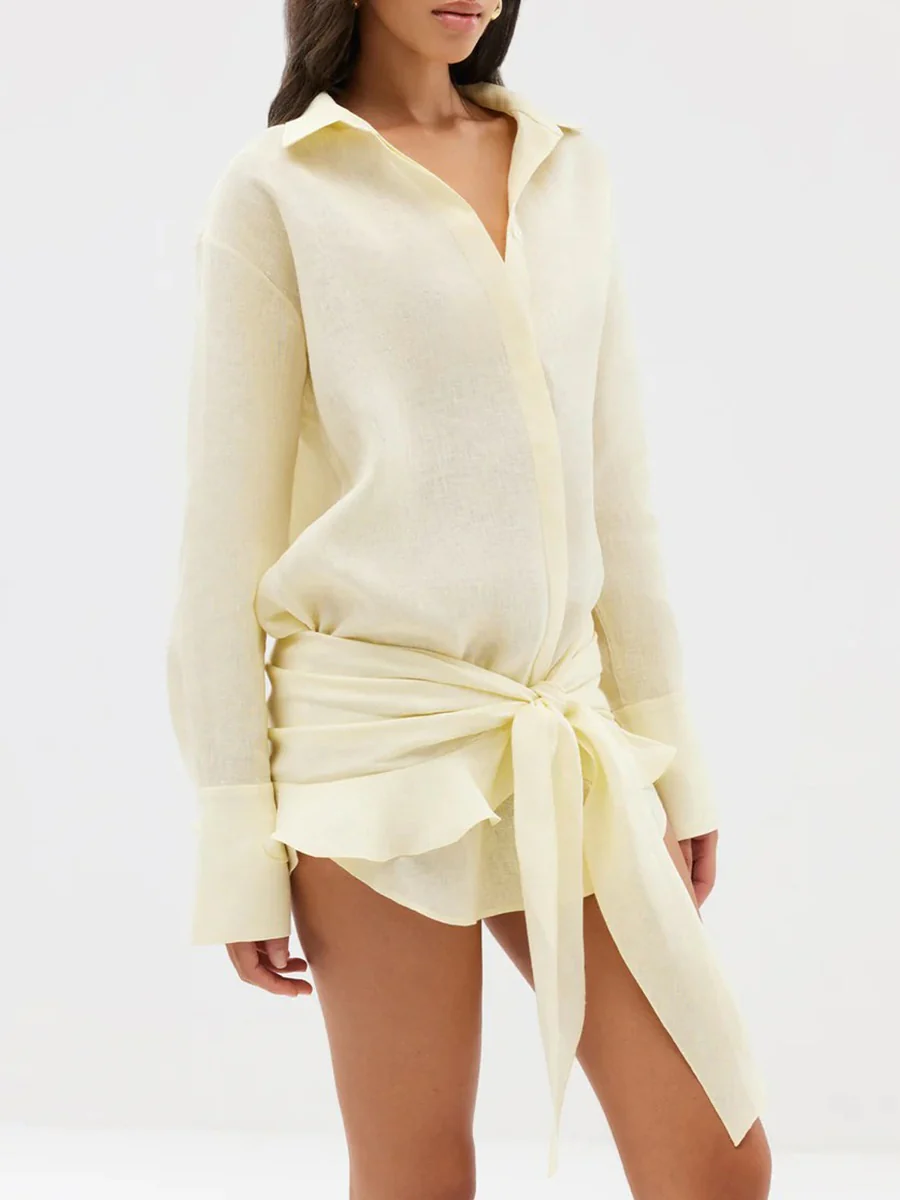 Pure Cotton Lapel Hip-hugging Shirts Mini&Short Dresses - Image 25