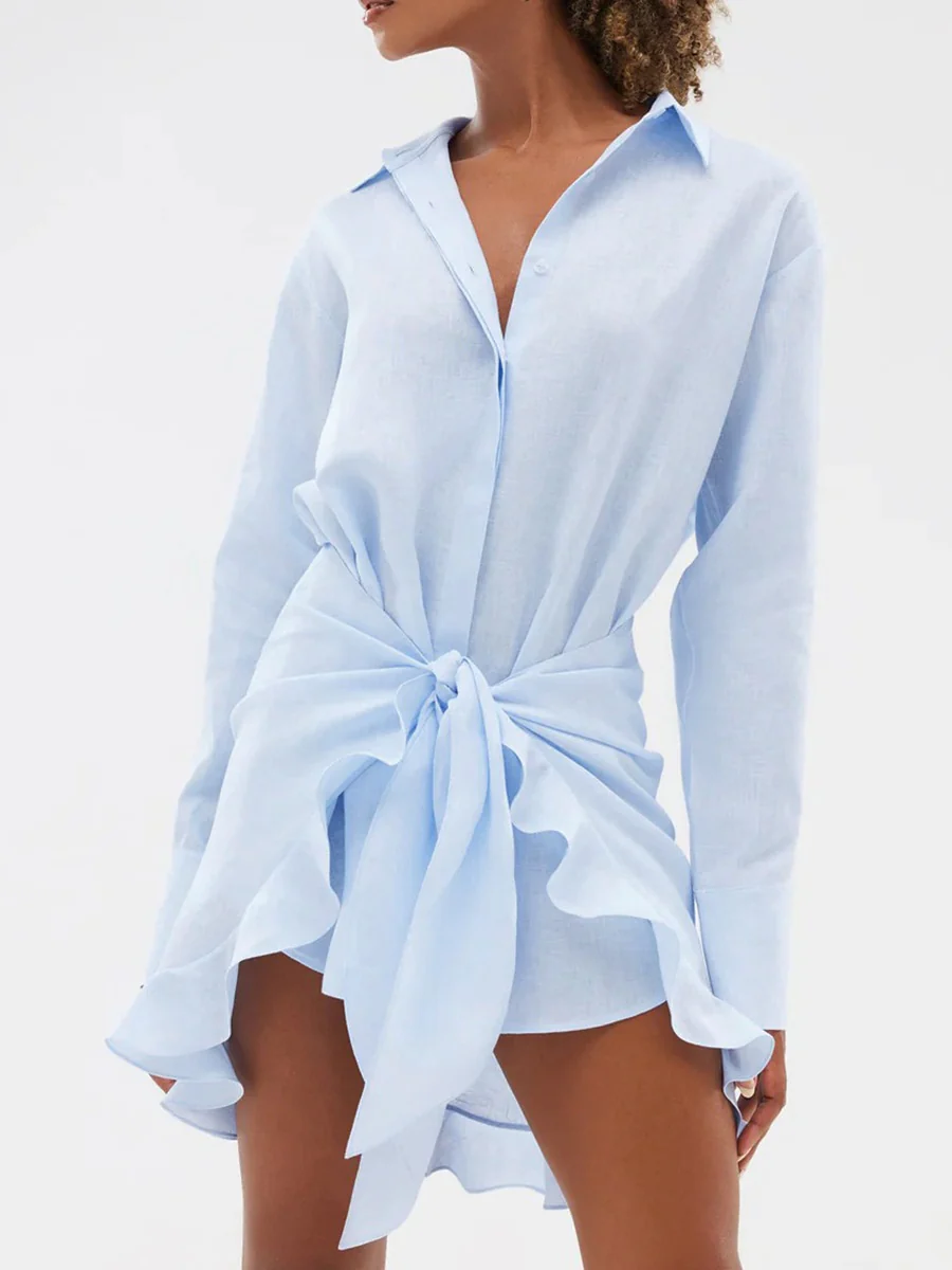 Pure Cotton Lapel Hip-hugging Shirts Mini&Short Dresses - Image 27