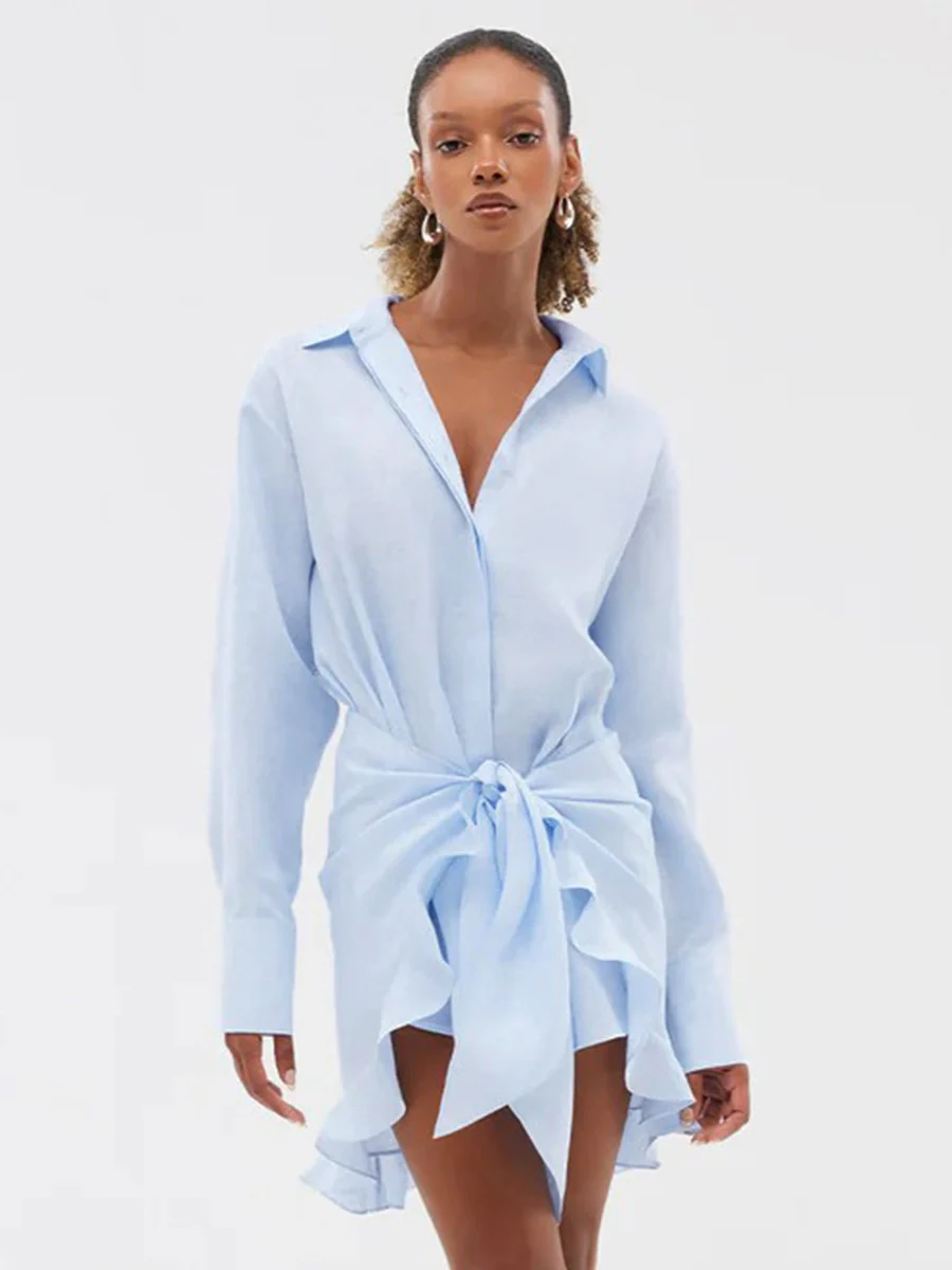 Pure Cotton Lapel Hip-hugging Shirts Mini&Short Dresses - Image 28