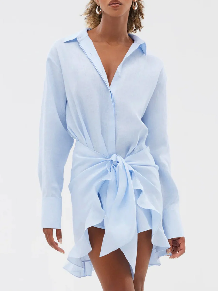 Pure Cotton Lapel Hip-hugging Shirts Mini&Short Dresses - Image 29