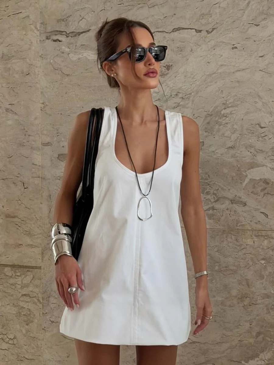 Pure Cotton U-neck Loose-fit Sleeveless A Mini&Short Dresses - Image 2