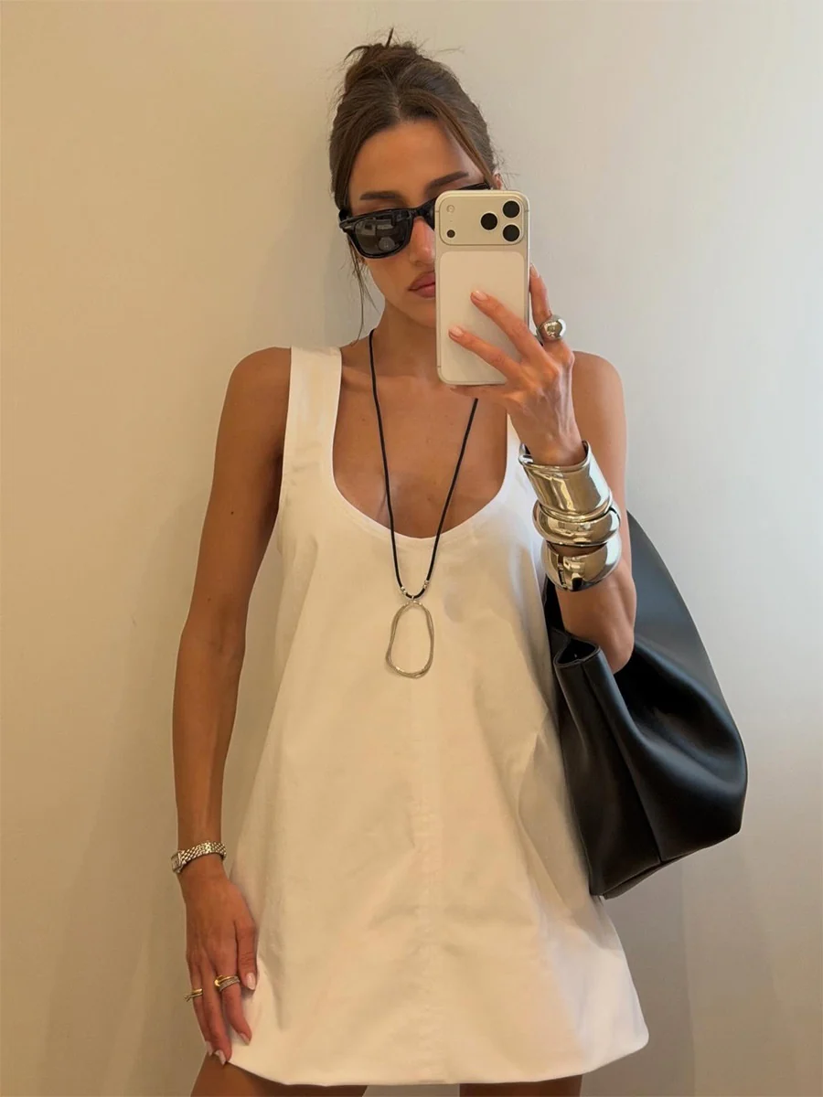 Pure Cotton U-neck Loose-fit Sleeveless A Mini&Short Dresses - Image 3