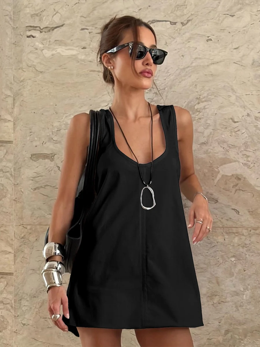 Pure Cotton U-neck Loose-fit Sleeveless A Mini&Short Dresses - Image 7