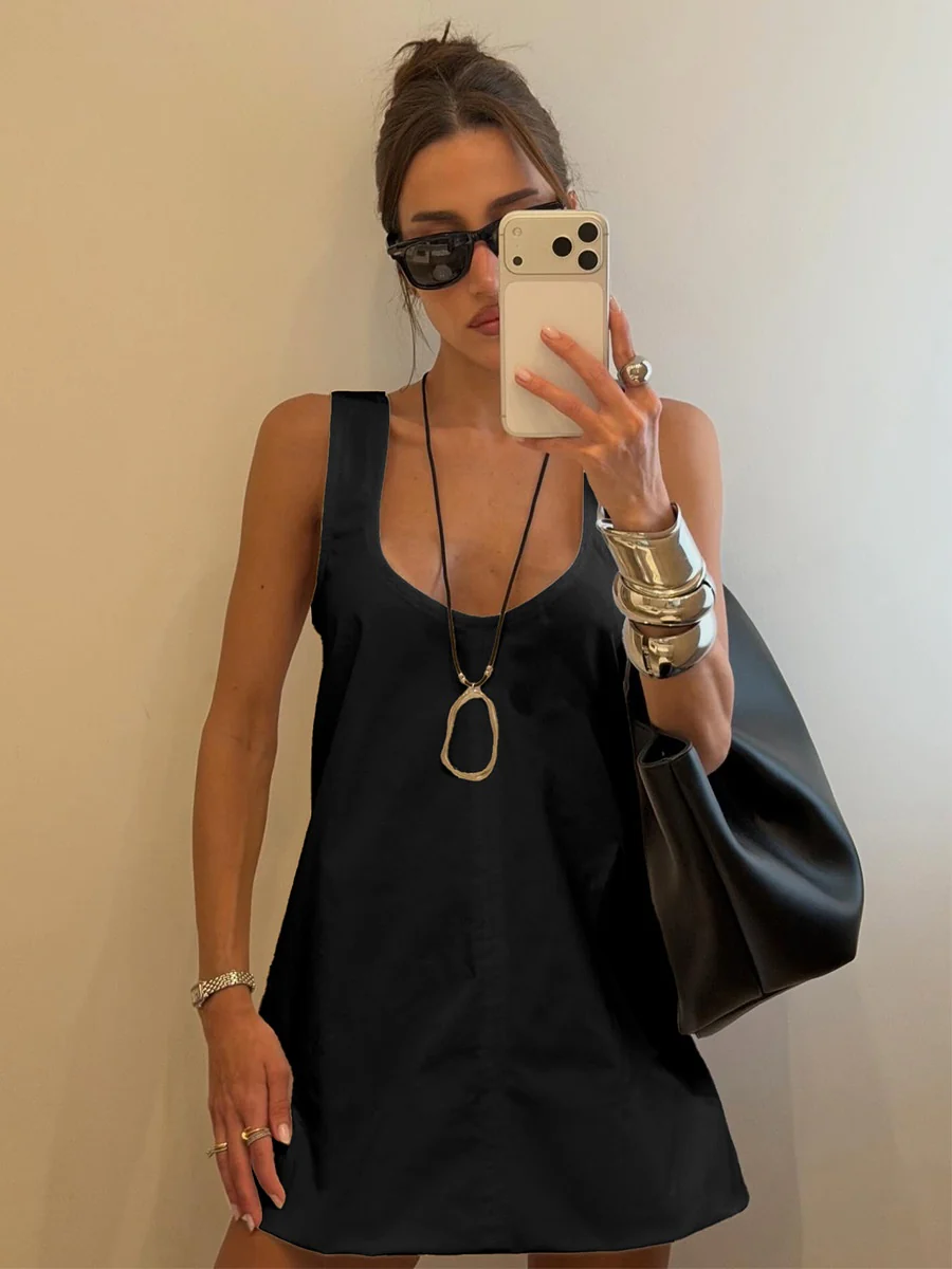 Pure Cotton U-neck Loose-fit Sleeveless A Mini&Short Dresses - Image 8