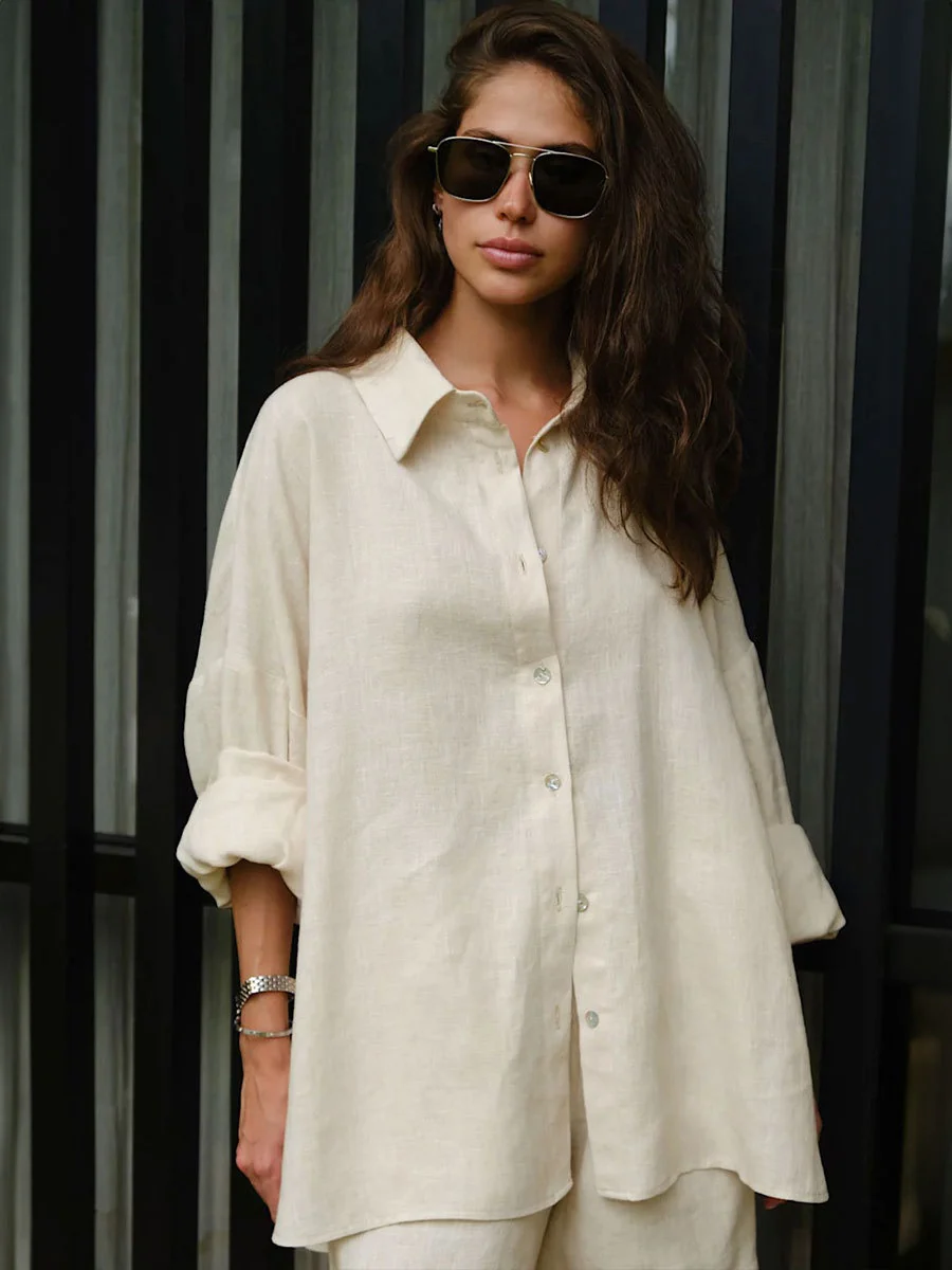 Pure Cotton Loose-fit Long-sleeved Shirt Loose Shorts Set 2-piece Sets - Image 12