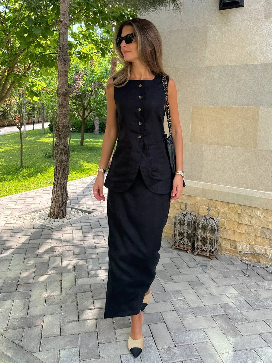 Flax High-waisted Sleeveless Vest Skirts Set 2-piece Sets - Image 6