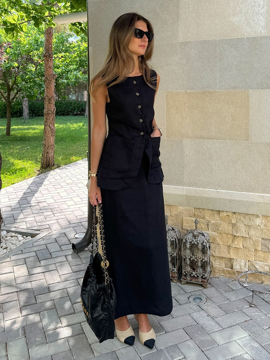 Flax High-waisted Sleeveless Vest Skirts Set 2-piece Sets - Image 7