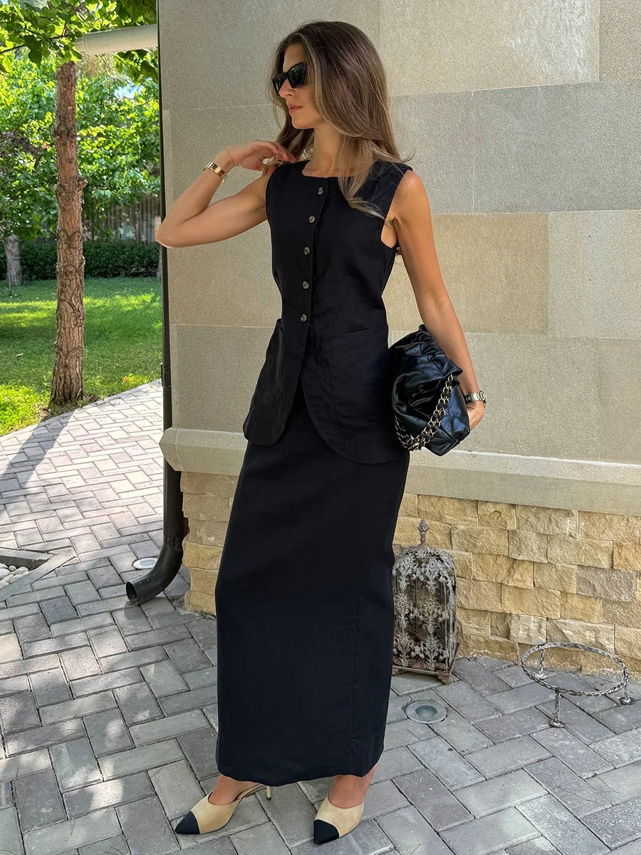 Flax High-waisted Sleeveless Vest Skirts Set 2-piece Sets - Image 8