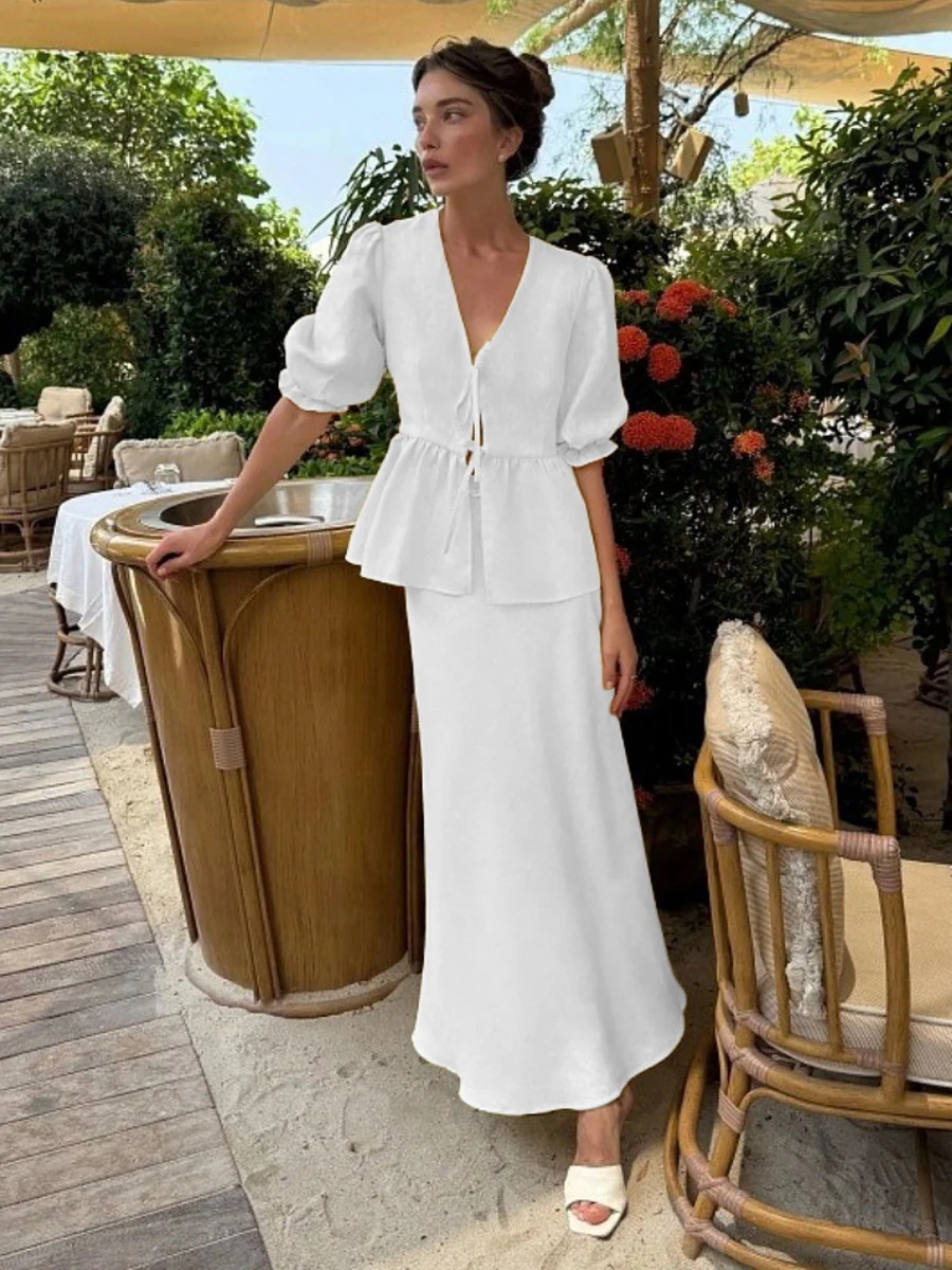 Pure Cotton Loose-fit V-neck Strappy Top Midi Skirt Set 2-piece Sets - Image 17