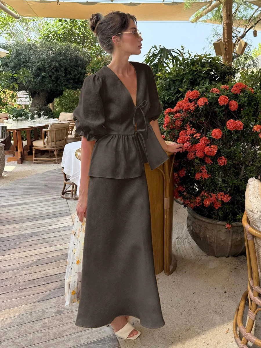 Pure Cotton Loose-fit V-neck Strappy Top Midi Skirt Set 2-piece Sets - Image 31