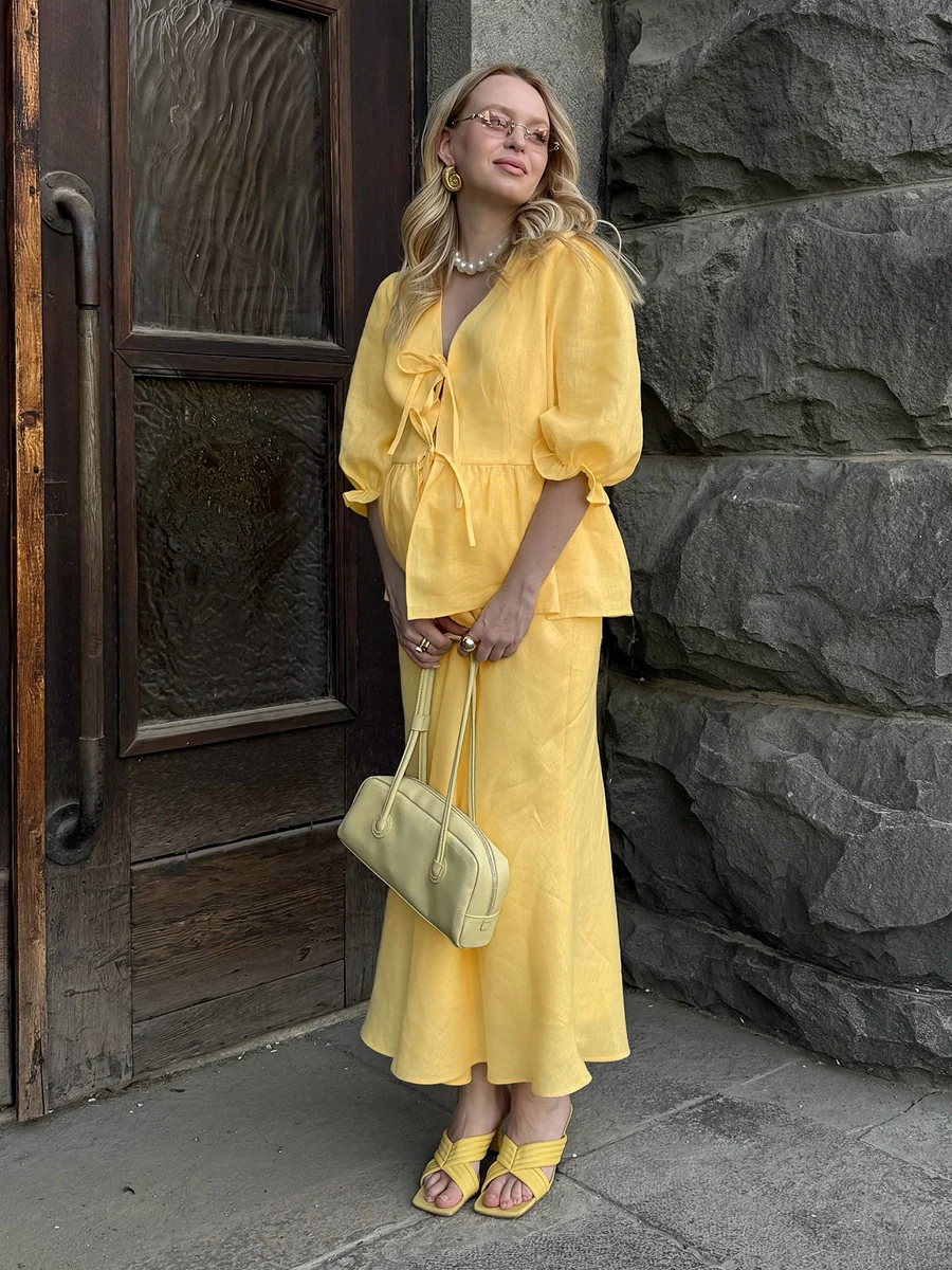 Pure Cotton Loose-fit V-neck Strappy Top Midi Skirt Set 2-piece Sets - Image 8