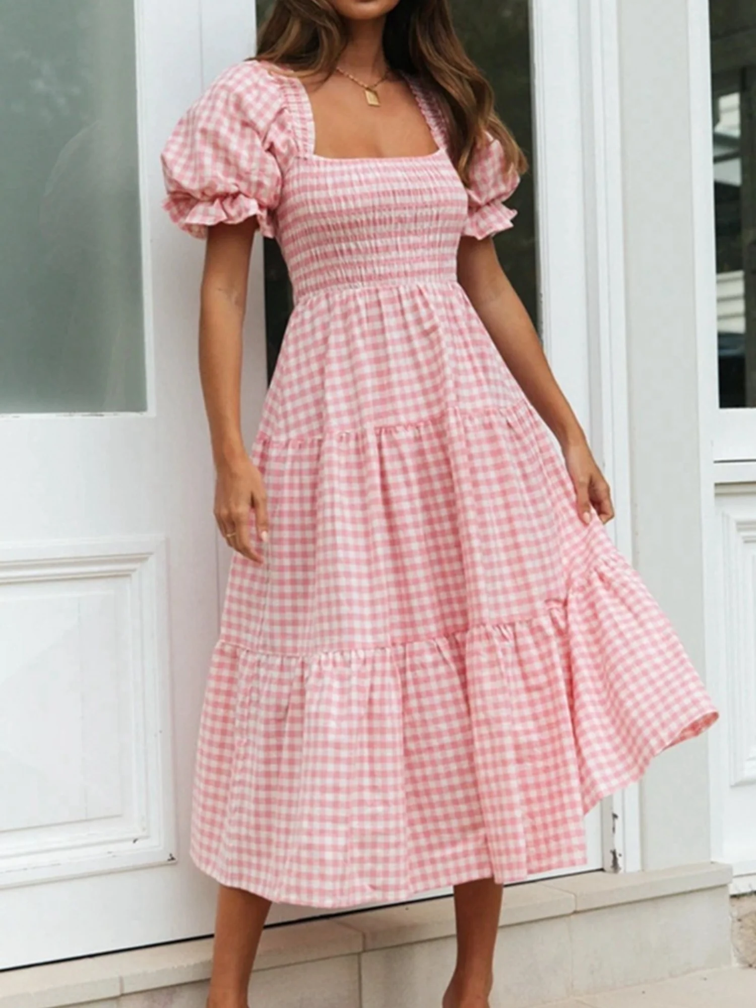 Plaid Puff Sleeve U-neck Mini&Short Dresses - Image 2