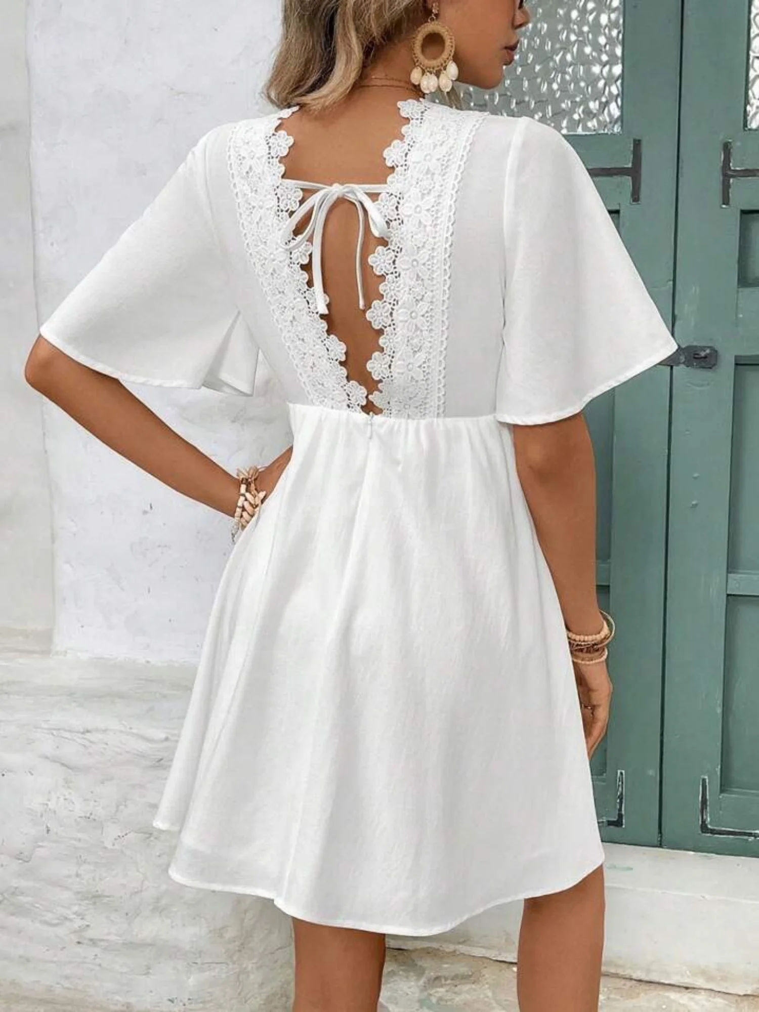 Lace Trim Hollow Out V-neck Short Sleeve Mini&Short Dresses - Image 2