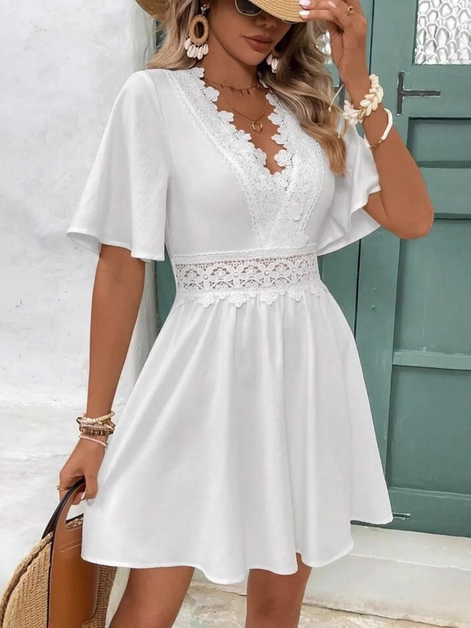 Lace Trim Hollow Out V-neck Short Sleeve Mini&Short Dresses - Image 3