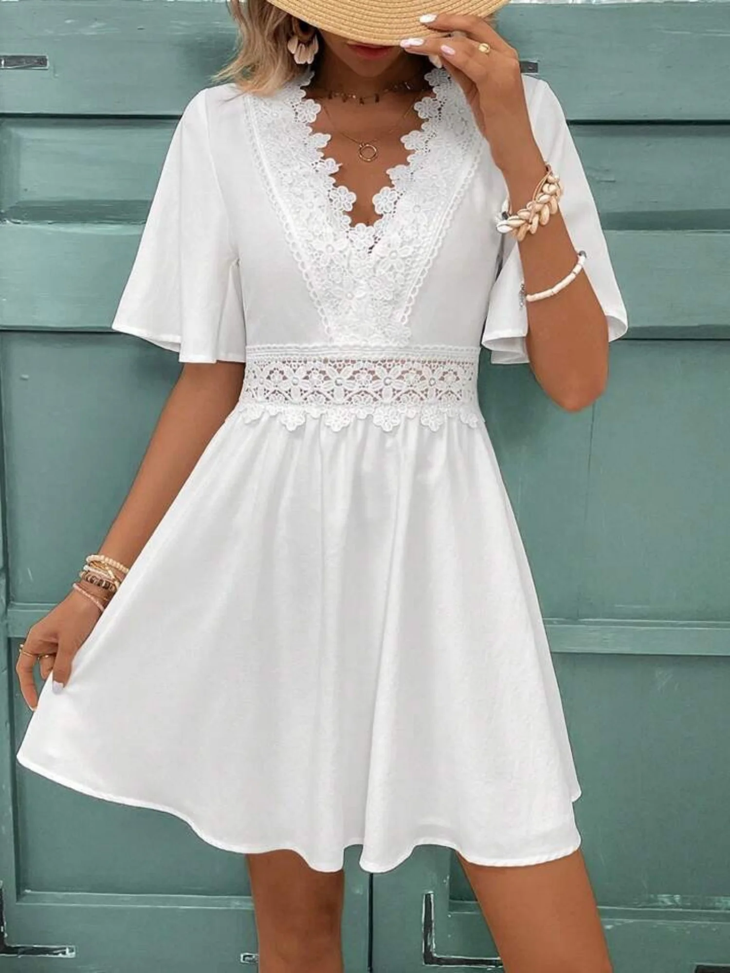 Lace Trim Hollow Out V-neck Short Sleeve Mini&Short Dresses - Image 4
