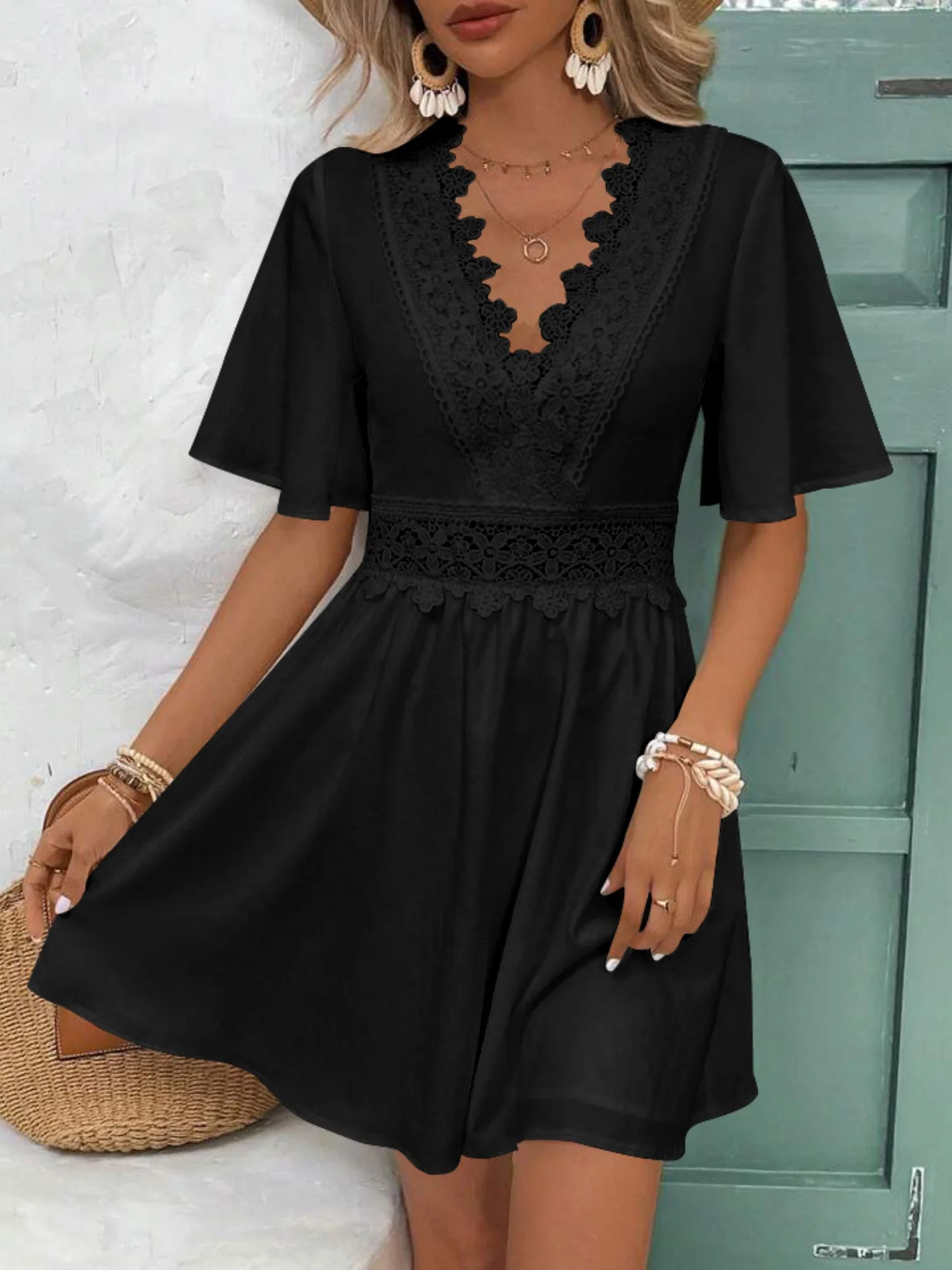Lace Trim Hollow Out V-neck Short Sleeve Mini&Short Dresses - Image 5