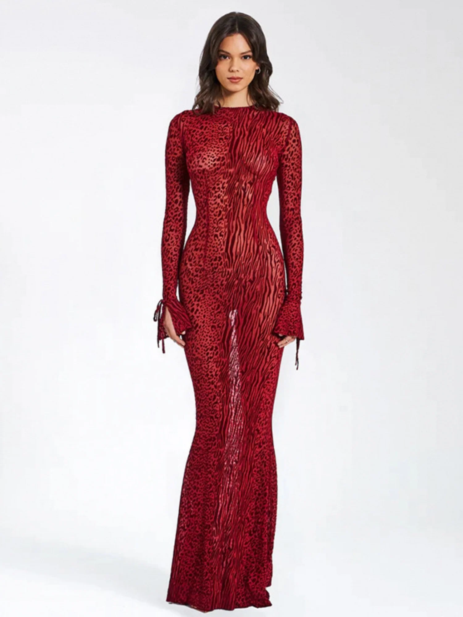 Leopard Print Backless Round Neck Long Sleeve Fish Tail Maxi Dresses - Image 3