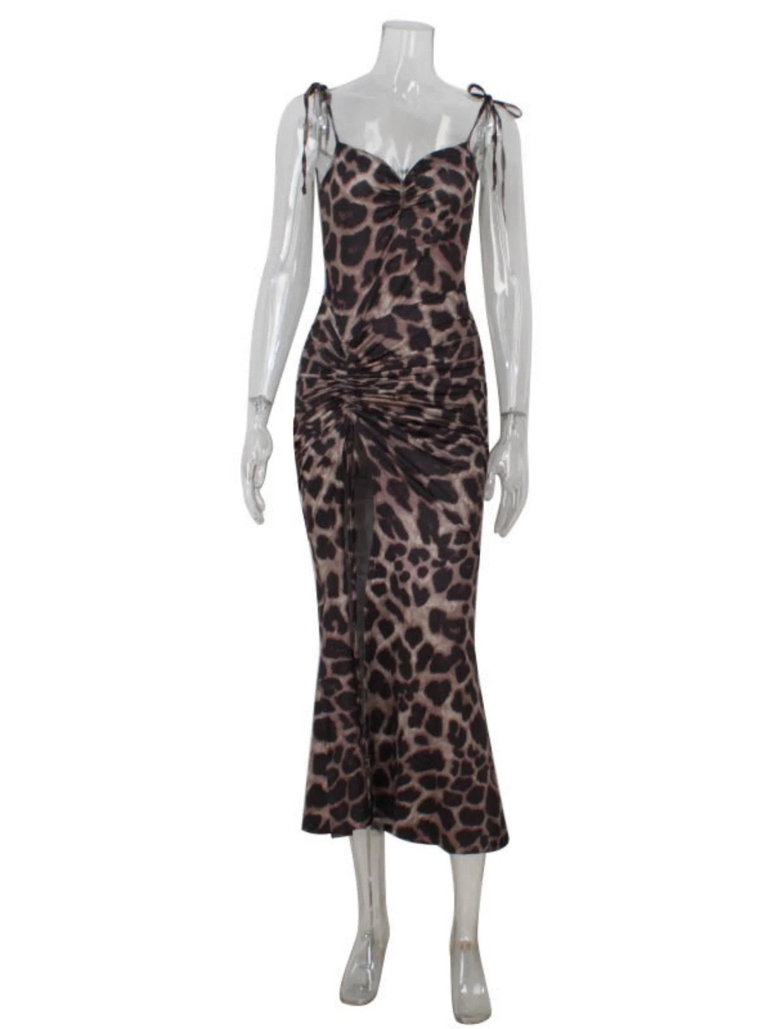 Leopard Print High-waisted Halter Top Split Hip Wrap Maxi Dresses - Image 4