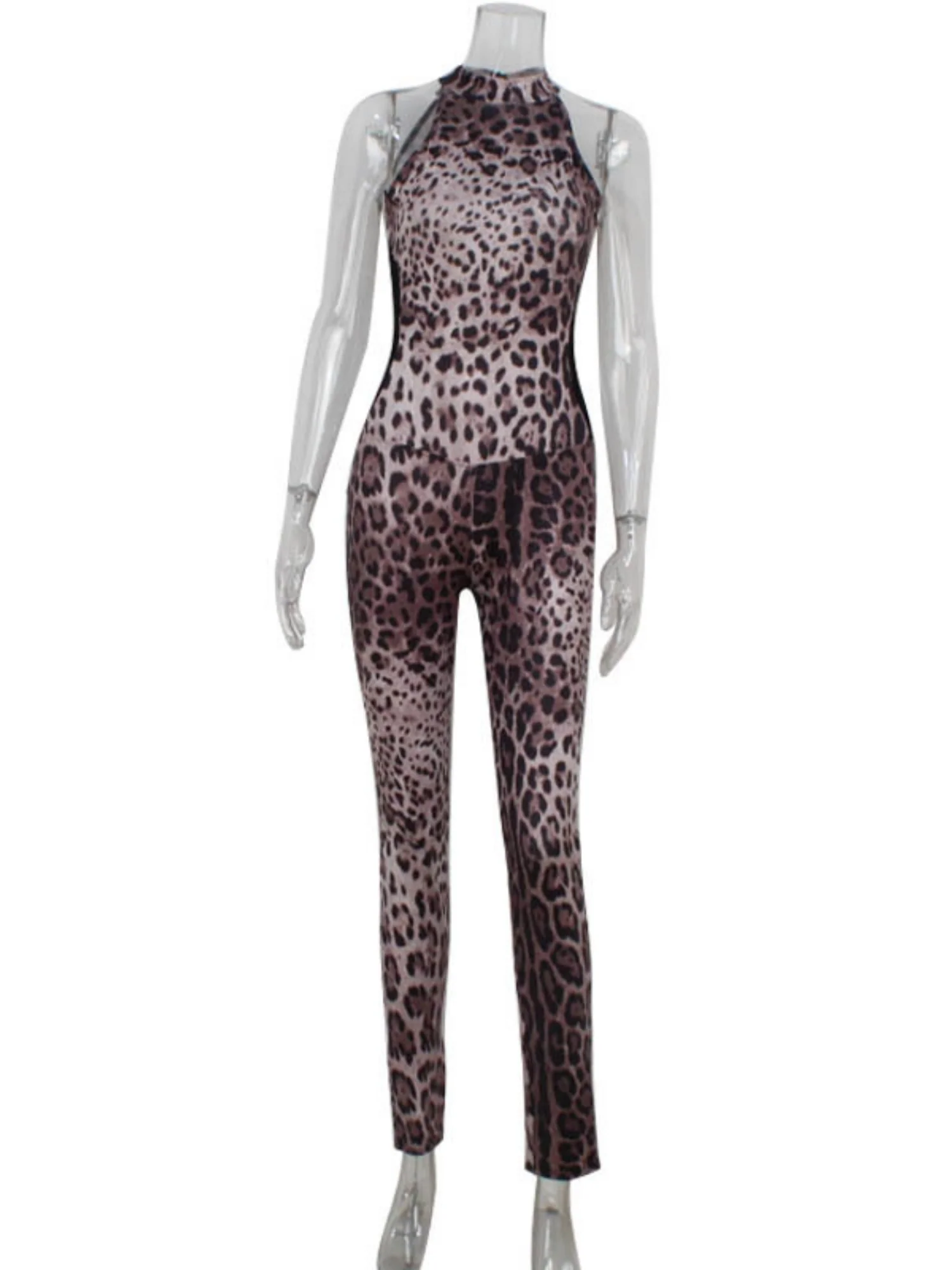Leopard Print Mesh Splicing Halter-neck Sleeveless Jumpsuits - Image 5