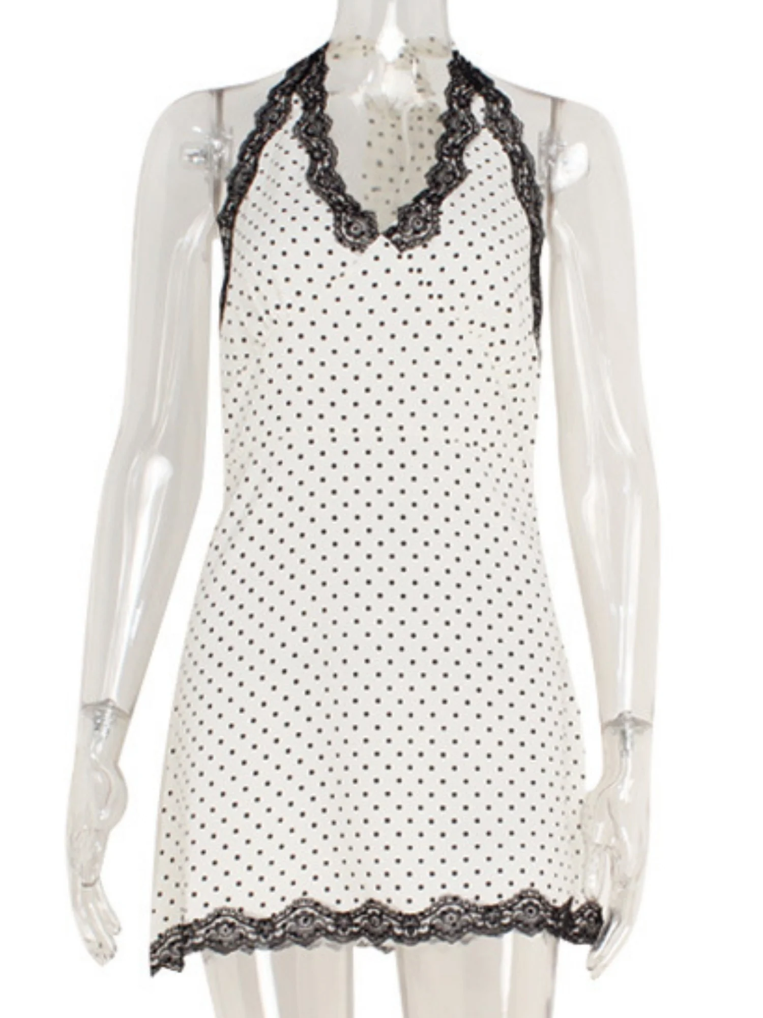 Polka Dots V-neck With Lace Trim Halter Neck And Backless Mini&Short Dresses - Image 4
